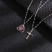 korean fashion new silver titanium steel chain zircon cross pendant necklace for womens jewelry wedding party gifts