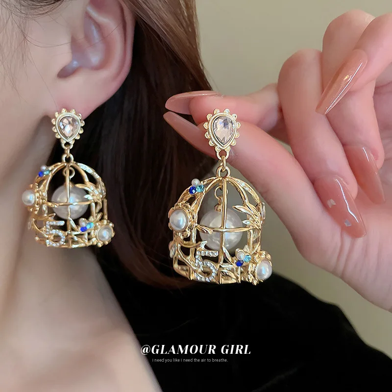 

Silver Needle Studded Digital Birdcage Pearl Earrings Fashion Creative Design Sense Niche New Spring
