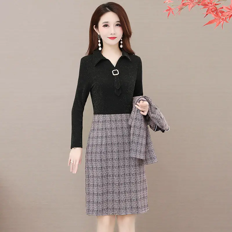 Women Vintage Dress Two Peice Suit Fall Winter Plaid Cardigans Jacket +Turn Down Collar Dress Outfits Office Lady Plus Size Set