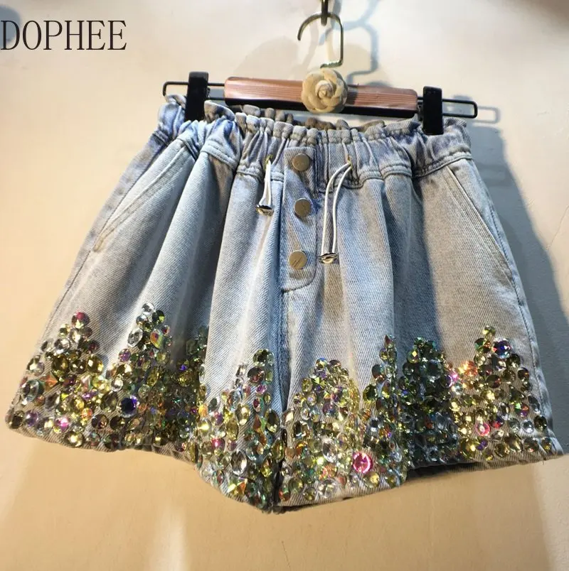 

2023 New Summer Women Jeans Luxury Water Drill Diamond Beading High Waist Wide Leg Pants Blingbling Shiny A-line Denim Shorts