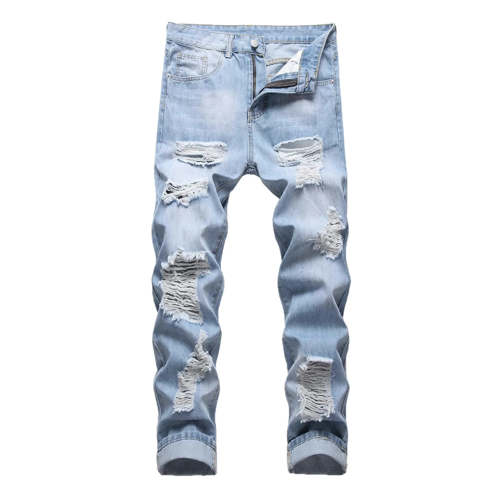 

Mens Fashion Casual Straight Hole Buckle Zipper Denim Long Pants Trousers