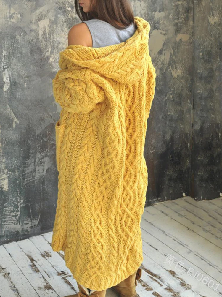 

Big Size Knitting Sweater Autumn Winter 2022 Women Hooded Collar Long Sleeve Solid Color Thickening Simple Cardigan Female