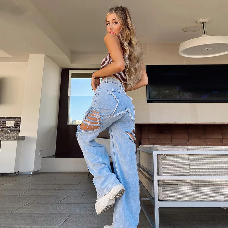 Women Ripped Casual Straight Denim Pants 2023 Baggy Jeans Five Pointed Star Patchwork High Waist Hole Jeans Streetwear Trousers