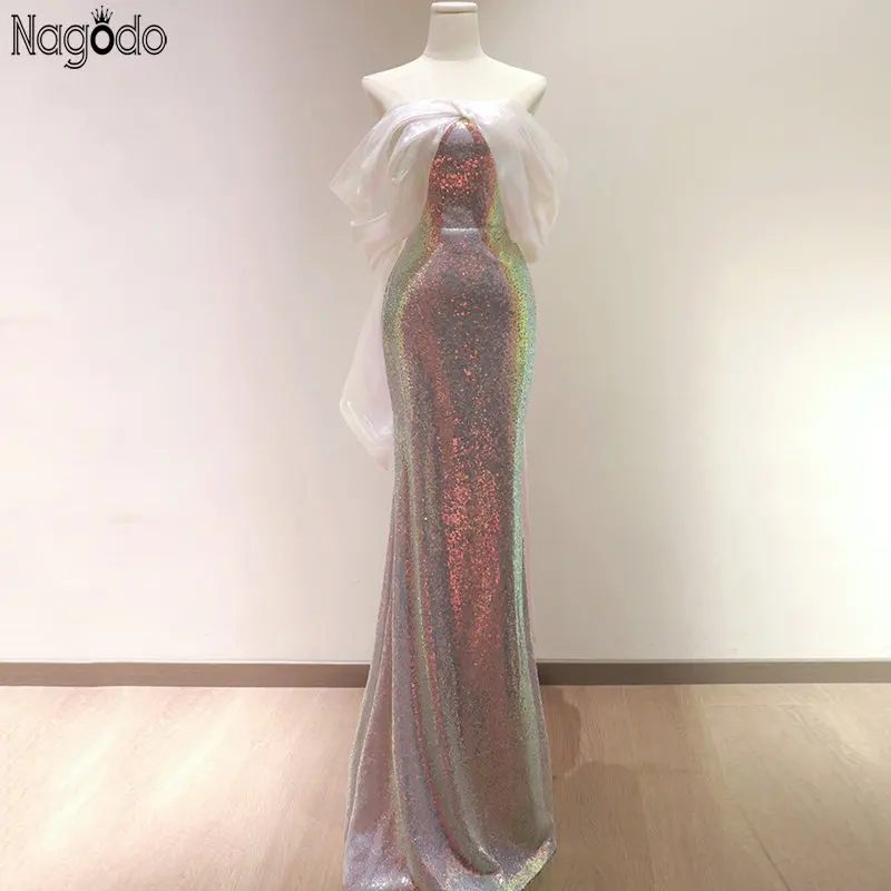 High Quality Luxury Chiffon Bow Sleeve Evening Prom Dress Sparkling Bling Sequin Zipper Wedding Mermaid Party Formal Dresses