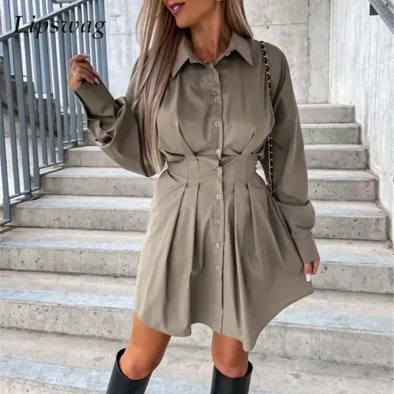 

Elegant Solid Color Single-breasted Waist Slim Dress Women Lapel Long Sleeve Mini Dress Fashion Office Ladies Dress With Pockets