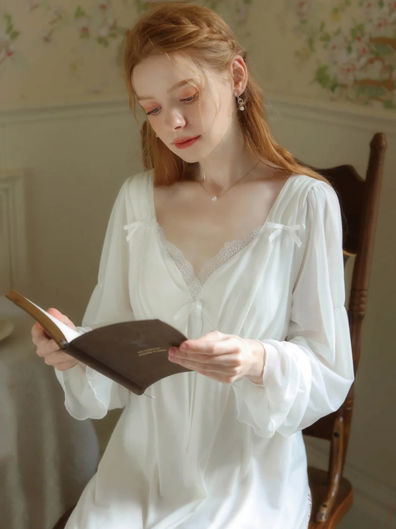 Women Spring Vintage Night Dress Long Sleeve Cotton Victorian Nightgowns Pajamas Ruffles Fairy V-Neck Princess Sleepwear