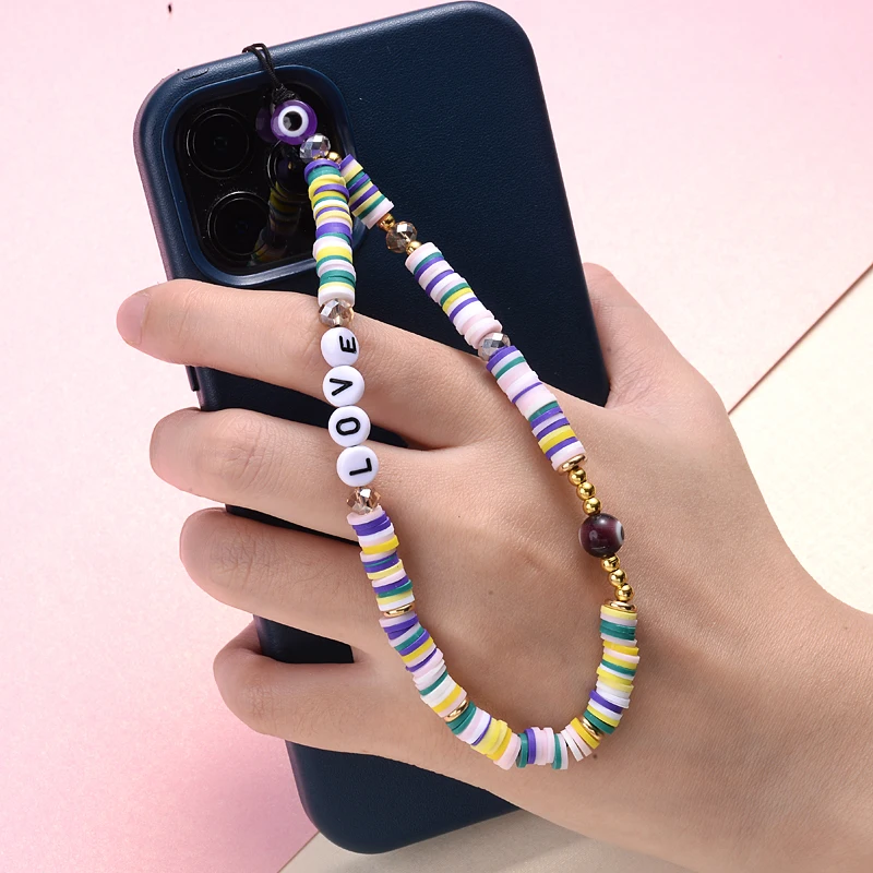 New Mobile Phone Jewelry Acrylic Letter Clay Polymer Spacer Beaded Mobile Phone Chain for Lady Girl Anti-Lost Lanyard Jewelry