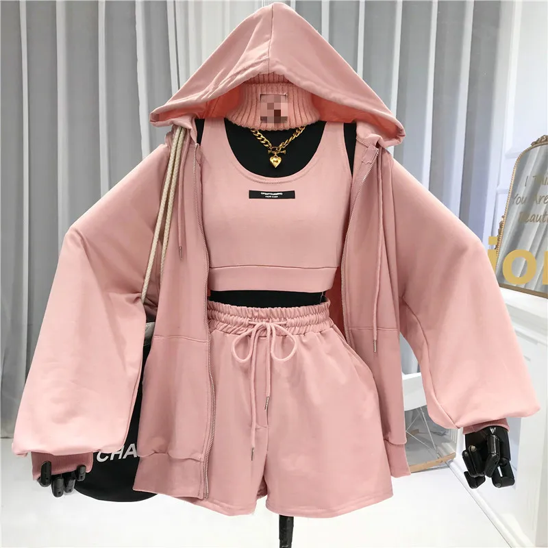 

Casual All-match Suit Women's 2021 new Sexy Letter Vest + Drawstring Shorts + Hooded Zipper Jacket Fashion Three-piece Set