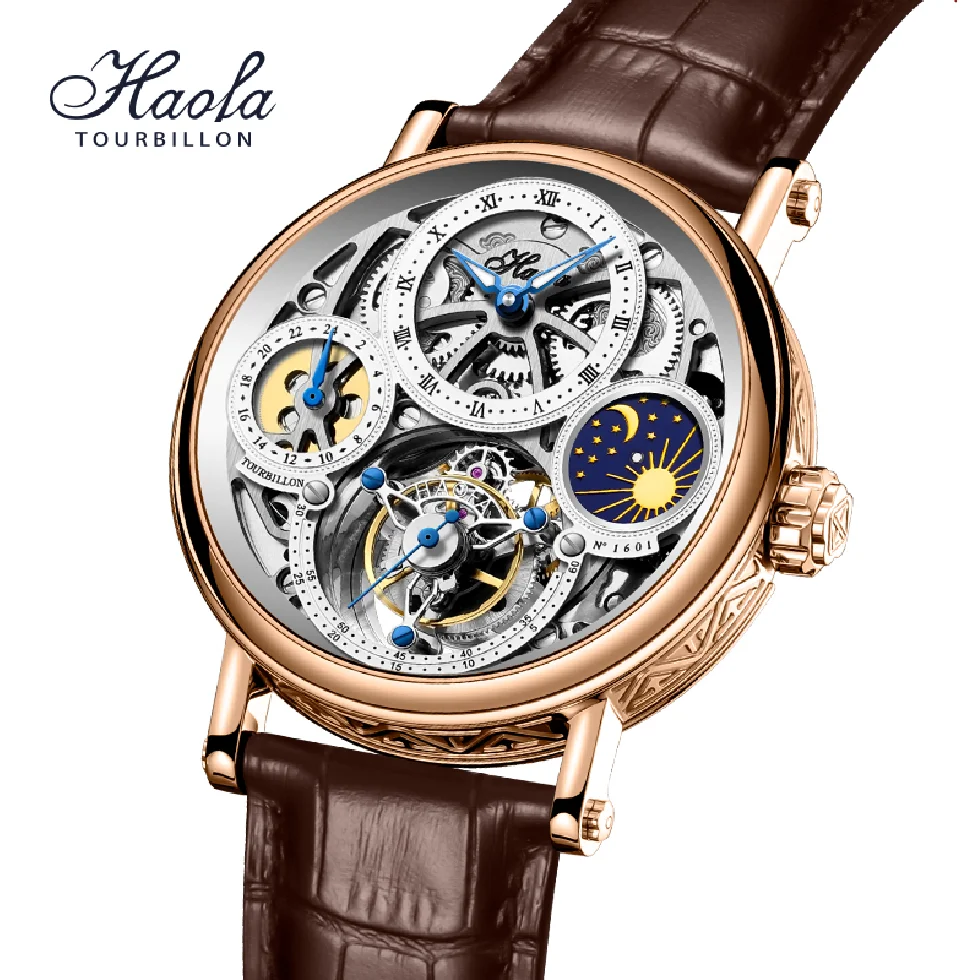 

Haofa Skeleton GMT Tourbillon watch Movement Mens Watch Sapphire Mechancial Tourbillon Wrist watches Day And Night Watch 1601