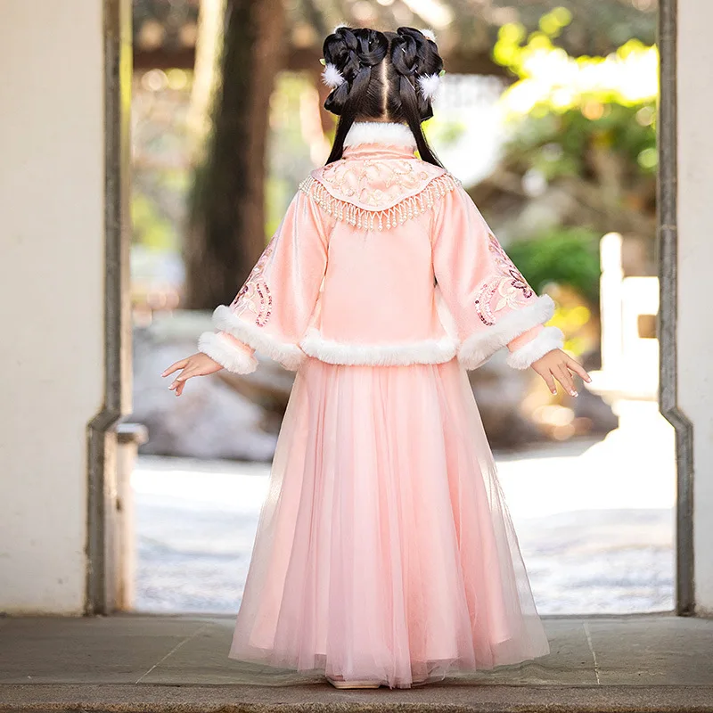 Зимнее теплое платье Hanfu для девочек с вышивкой в стиле ретро традиционное