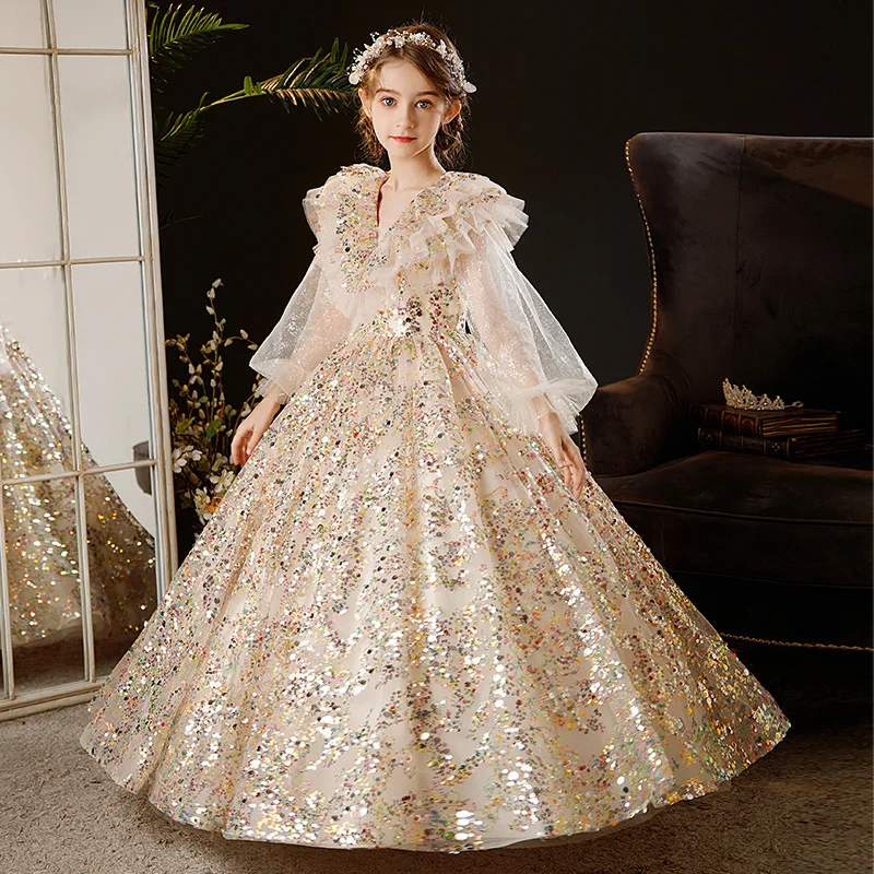 Girls Dress Skirt 2023 Spring and Summer Long-Sleeved Sequin Embroidery Girl Princess Dress Birthday Dress Children's Costume