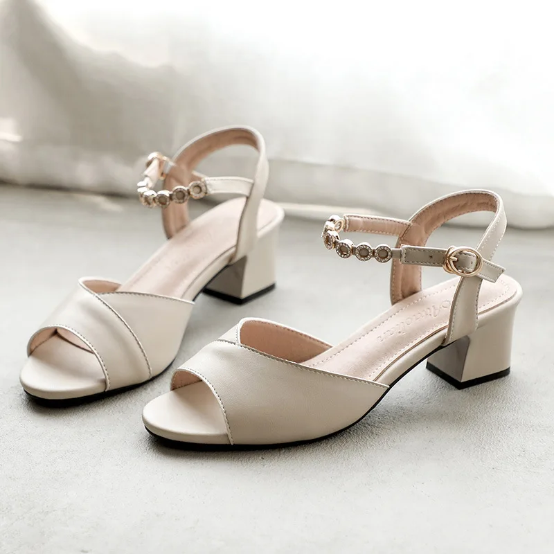 

2022 Solid Leather Sandals Woman Slingback Ankle Strap Shoes Ladies Chunky High Heels Slippers Femmes Peep Toe Dress Sandalias