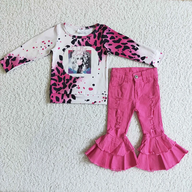 

Fashion girl's clothing set leopard print pink shirt top with demin flared pants jeans two piece set boutique kid clothing