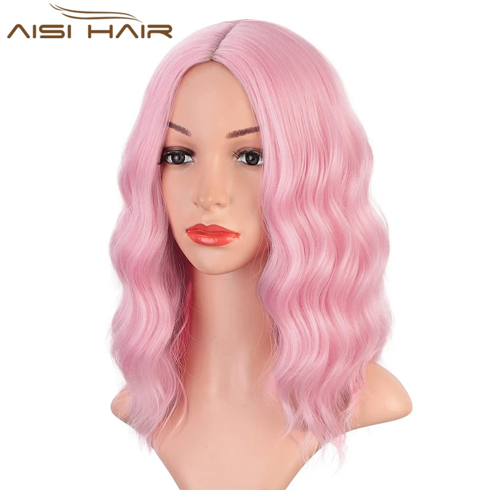 

AISI HAIR Synthetic Light Pink Wigs for Women Short Wavy Bob Wig Heat Resistant Synthetic Party Costume Cosplay Wig For Girls