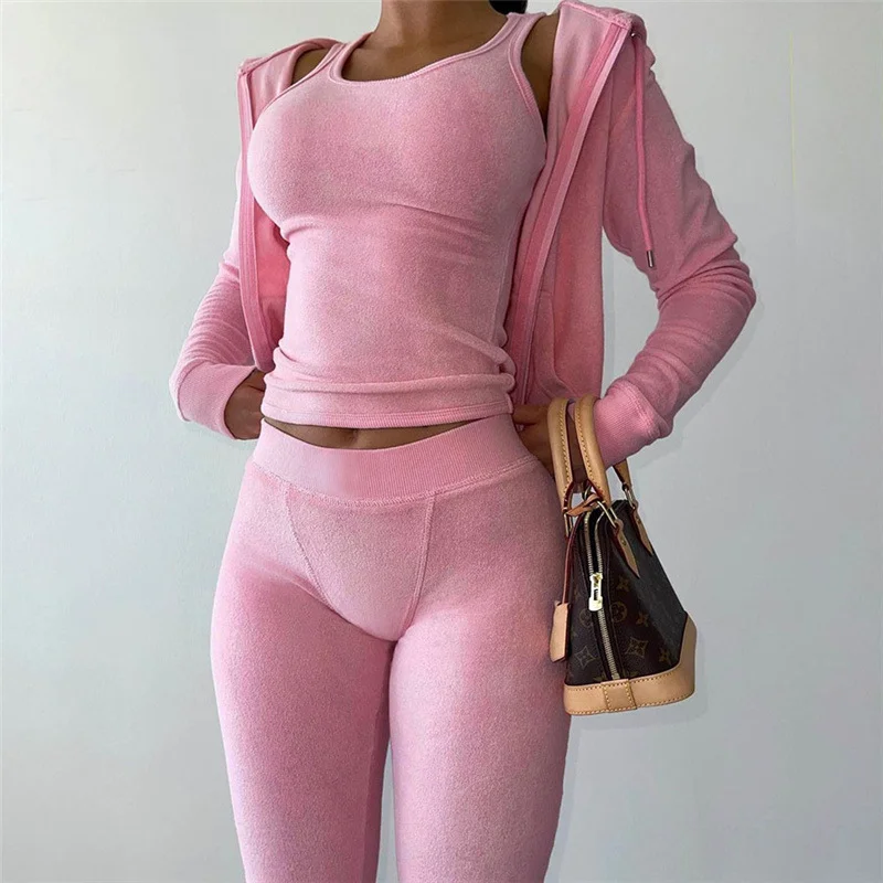 Towel Fabric 2 Piece Sets Women Autumn Winter Tracksuit Solid Long Sleeve Hooded Jacket Coat And Pants Casual Jogger Suits