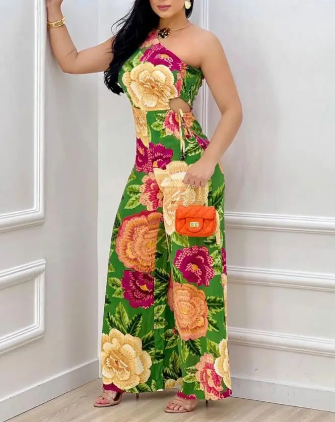 Женский комбинезон с тропическим принтом повседневный Свободный на одно плечо