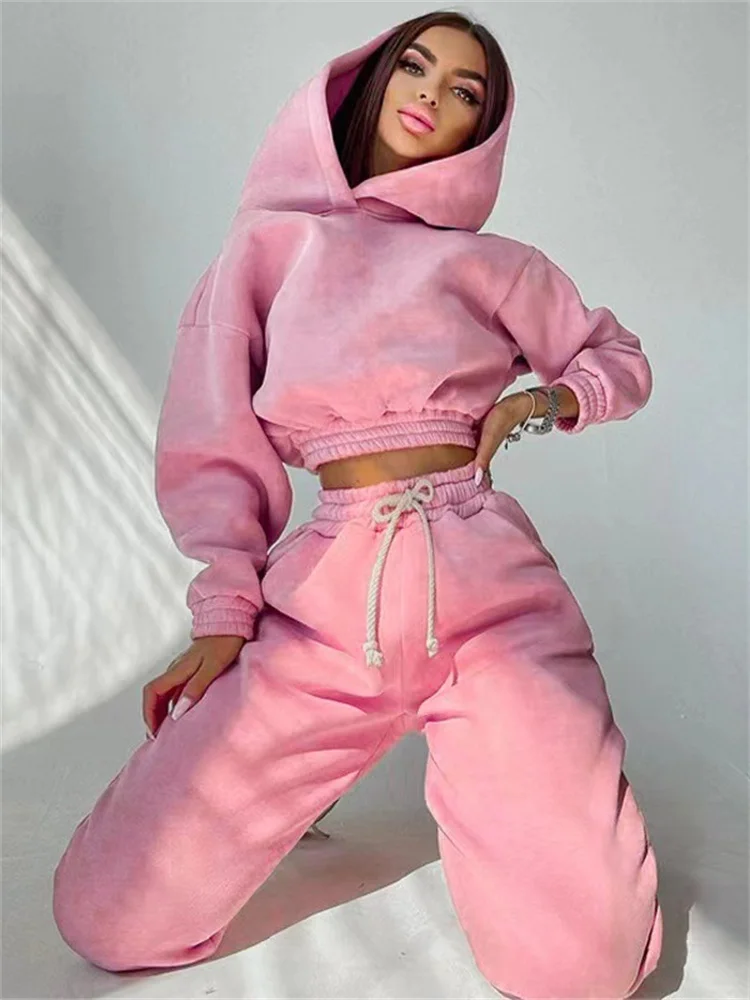 

Женский спортивный костюм из двух предметов, однотонная толстовка с капюшоном и брюки большого размера, Осень-зима 2023