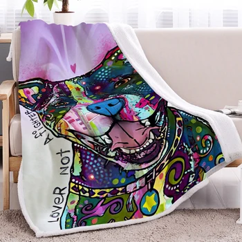 BlessLiving Oil Painting Bulldog Pattern Sherpa Fleece Blanket Colorful Graffiti Animal Blanket Bedroom Livingroom Sofa Decor 1