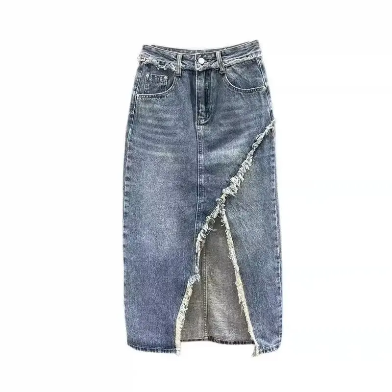 Raw Edge Slit Denim Skirts for Women 2023 Summer New High-waisted Slimming Package Hip Skirt Raw Edge Design Sense A-line Skirt