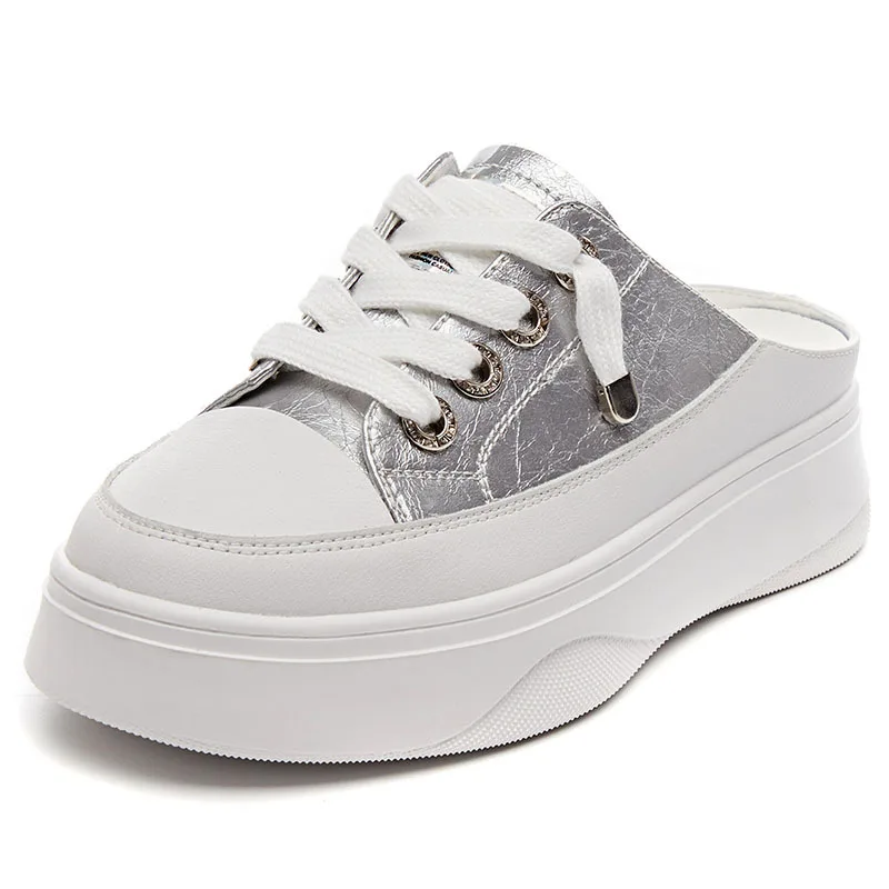 YeddaMavis Black Silver New Summer Women Shoes Flat Sneakers Women Casual Shoes Low Upper Lace Up Platform Woman White Shoes