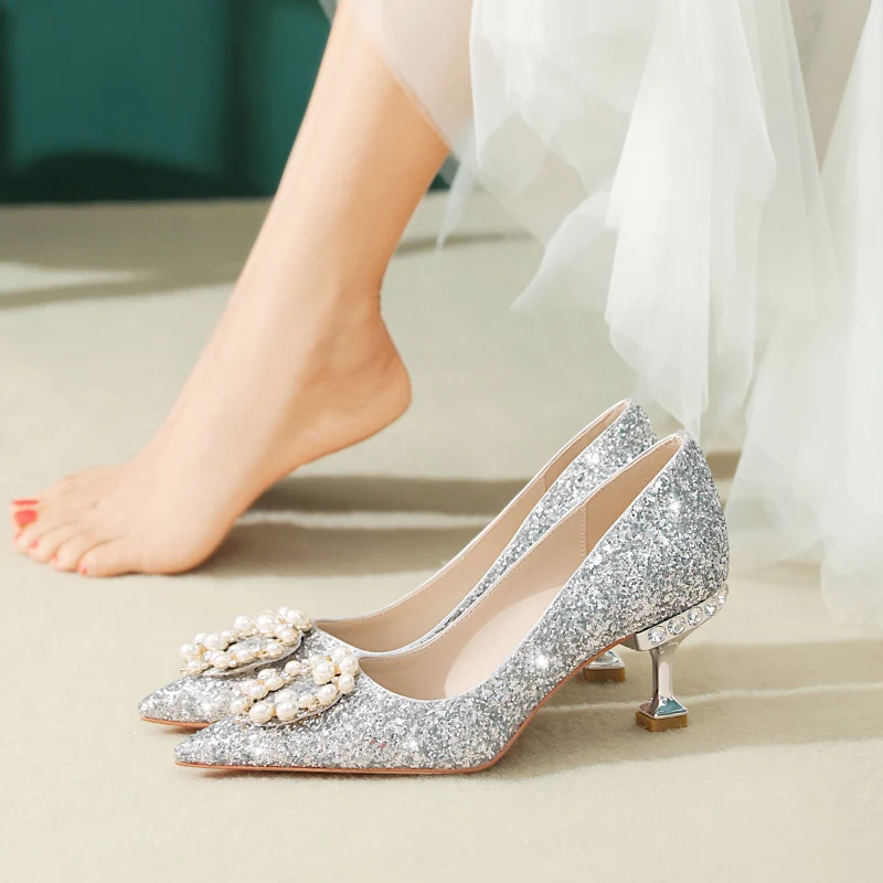 

Свадебные туфли для невесты высокие Серебристые туфли на высоком каблуке женские свадебные туфли на тонком каблуке для подружек невесты же...