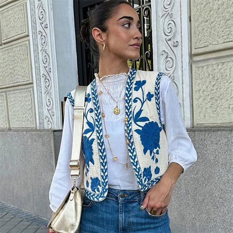 

Vintage Flower Embroidery Vest Jackets Women Fashion 2023 Summer V Neck Cardigan Shirts Boho Loose Vest Female Tops