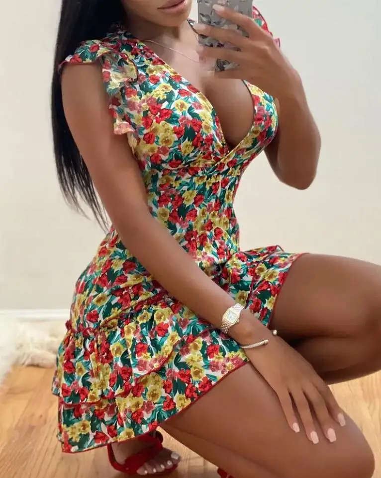 

Sweet Dresses For Women 2022 Summer Korean Floral Print Ruffles Trim Flutter Sleeve Casual A Line V-Neck Short Sleeve Mini Dress