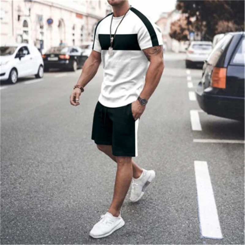 New Summer Men's Casual Fashion Comfortable Sports Suit 2-Piece Set Street Wear Simple Pattern Crewneck Short Sleeve With Shorts