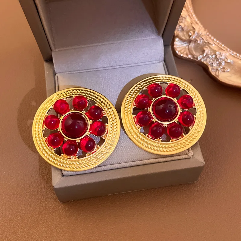 

Statement Retro Big Red Crystal Round Earrings For Women 2023 New Baroque Palace Style Earings