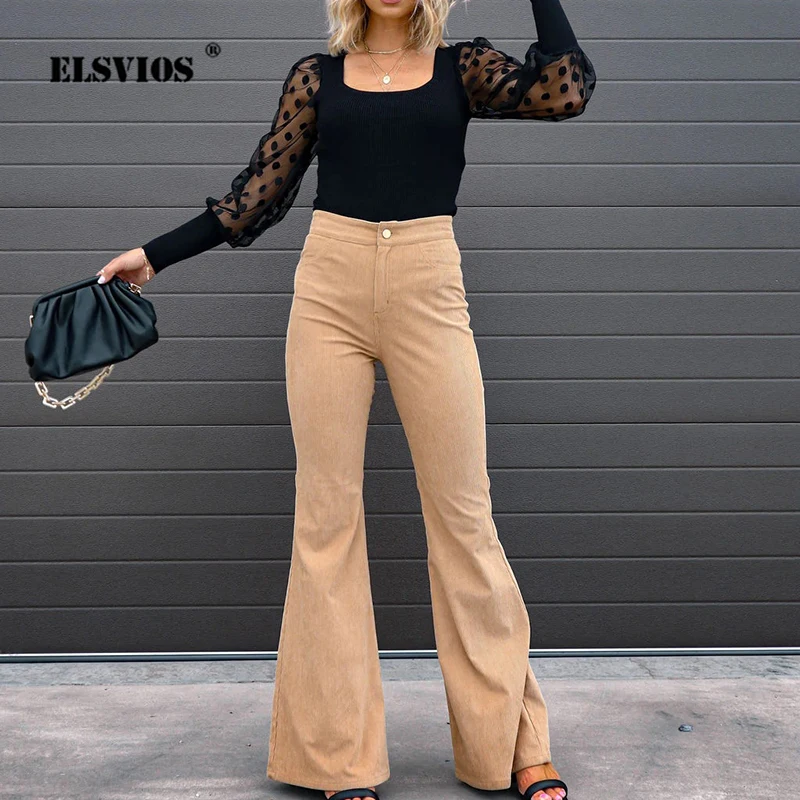

Ladies Fashion High Street Corduroy Long Pants Autumn Winter Women New Elegant Slim Mid Waist Micro Flared Pants Casual Trousers
