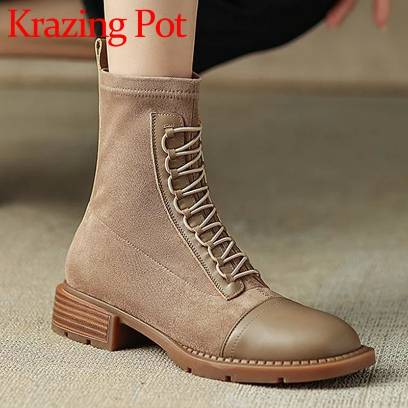 

Krazing Pot Cow Leather Square Toe Med Heels Fashion Boots Big Size 42 Oriental Neutral Splicing Cross-tied Zipper Ankle Boots