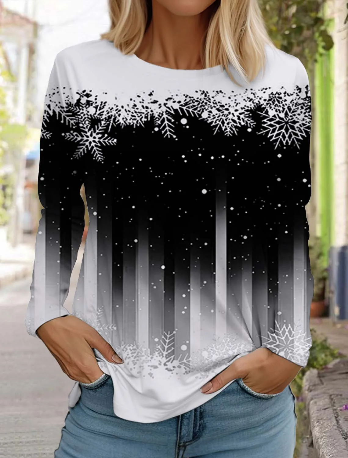 Christmas Snowflake Women's Long Sleeves T-Shirt Round Neck Autumn Santa Claus Elk Clothing Holiday Fashion Party Tops
