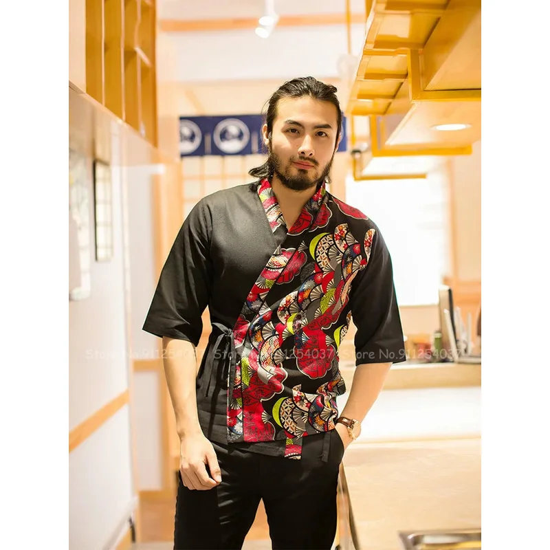 Мужское кимоно с принтом ресторан суши-повар рабочая форма топы пальто халат для