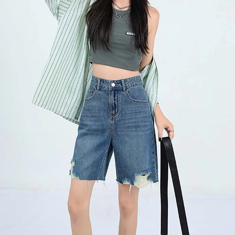 Women Short Jeans Fashion Casual Half Denim Shorts High Waist Tassels Belted Loose Female Versatile Streetwear Summer 2023 New