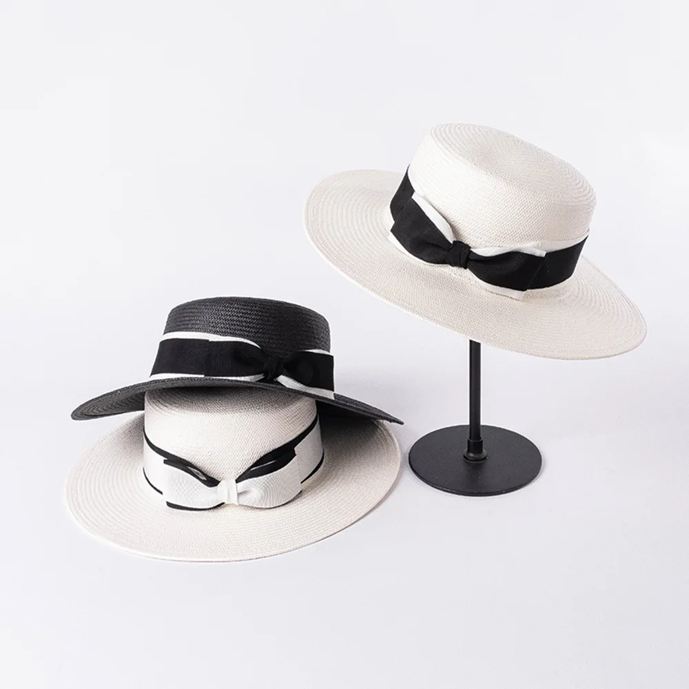 

202106-HH-striped bowknot British college summer Japan fine paper grass weaving milk white lady fedoras cap women leisure hat