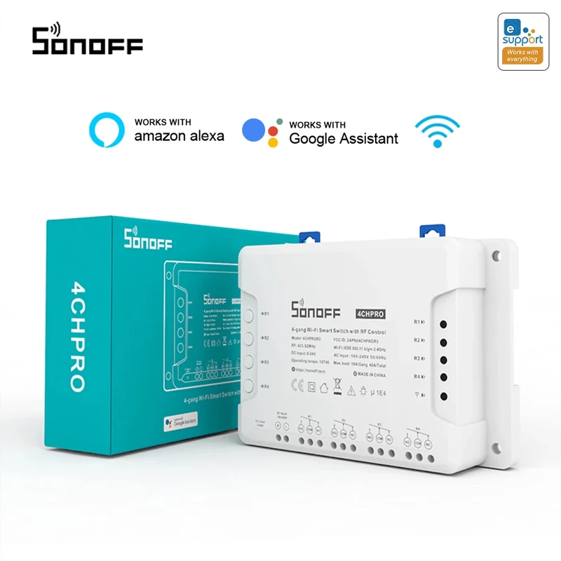 

Умный Wi-Fi радиочастотный переключатель Sonoff 4CH PRO R3 работает с Alexa Google 4 Gang 3 рабочих режима ввод Блокировка умный дом переключатель Ewelink