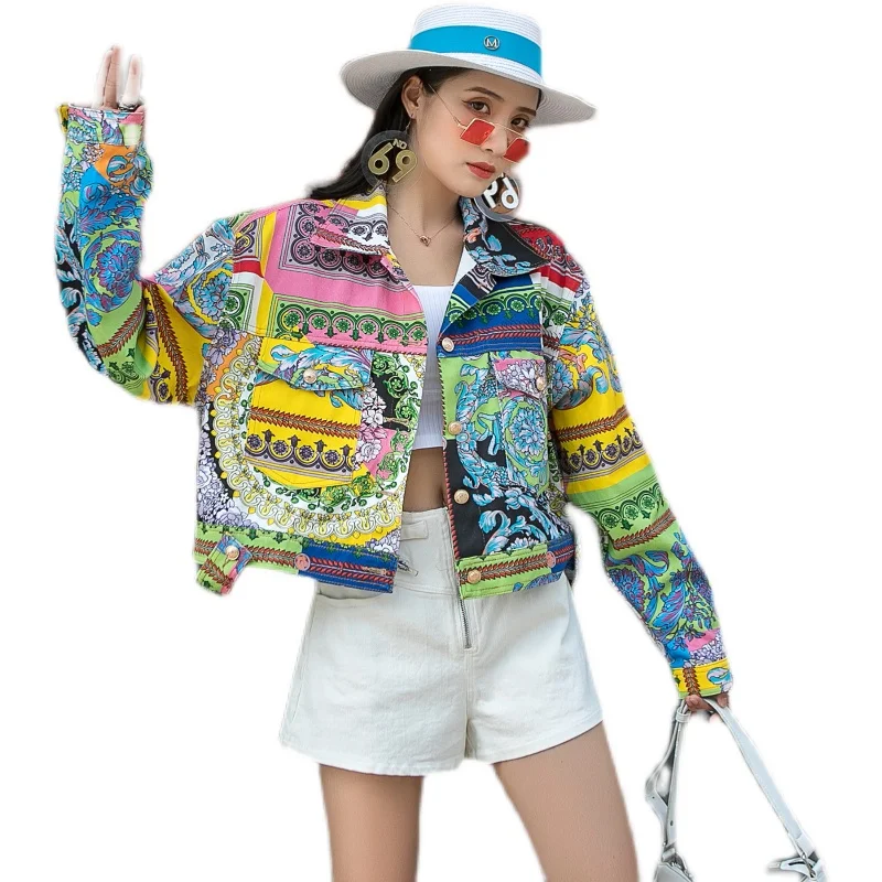 2021 New Fashion Patch Outerwear Printed Short Design Denim Jacket For Women one size Loose Preppy Style Cowboy Coats