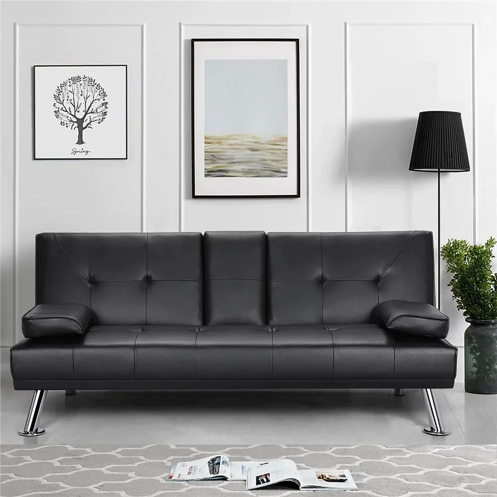 

2023 LuxuryGoods Modern Faux Leather Futon with Cupholders and Pillows, Black