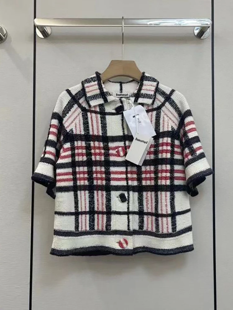 

Женский винтажный вязаный кардиган Bearomad, повседневный свободный свитер в клетку с отложным воротником и коротким рукавом, лето