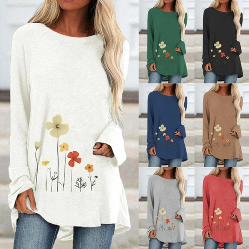 

Spring And Autumn Shirt O-Neck Fashion T-Shirt 2022 Floral Print Long Sleeve Loose Casual Top Street Wear