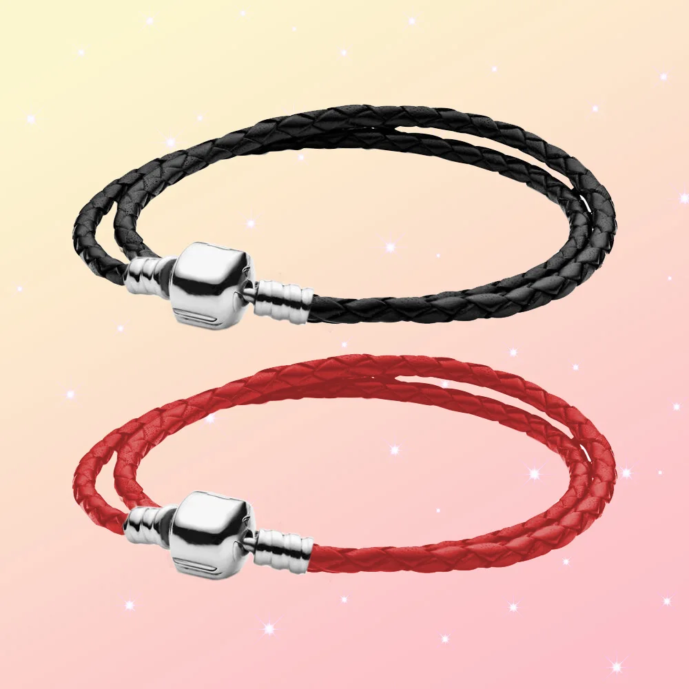 

925 Silver Fit for Pandora DIY Moments Clasp Double Black Leather Bracelet Exquisite Birthday Luxury Ladies Jewelry Gifts
