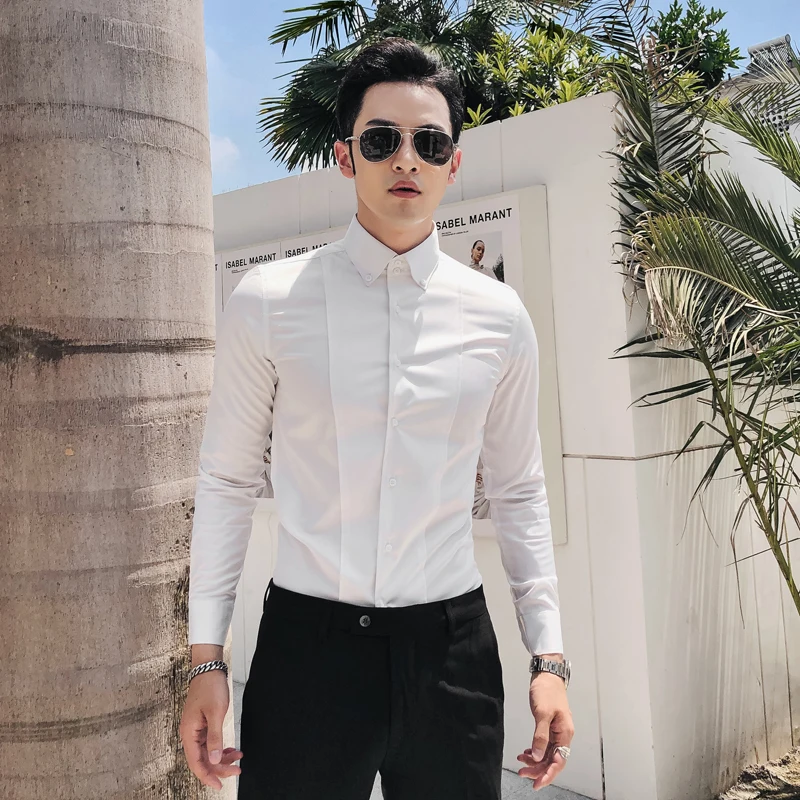 

2022 New Fashion Men White Shirt Streetwear Long Sleeve Design Blouses Korean Style Spring Autumn Men's Brand Shirts Chic W114