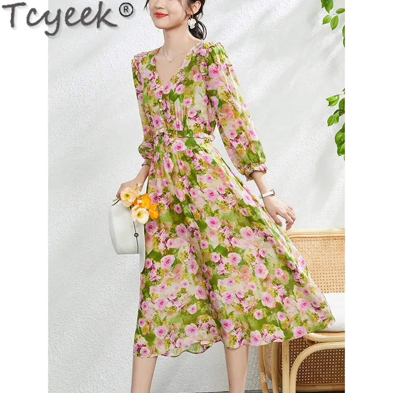 Tcyeek 100% Real Mulberry Silk Dress Clothing Female 2023 Summer New Silk Dress V-neck Women's Elegant Dress Vestido Feminino