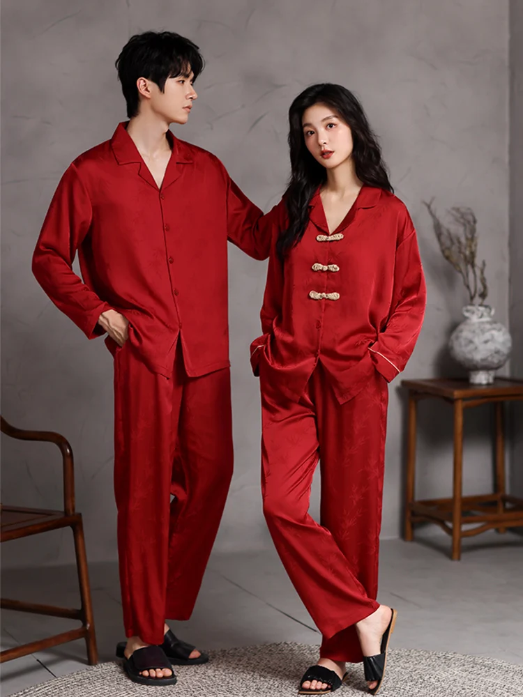 Пижамы для пар из ледяного шелка женские весенне-осенние мужские красные пижамы