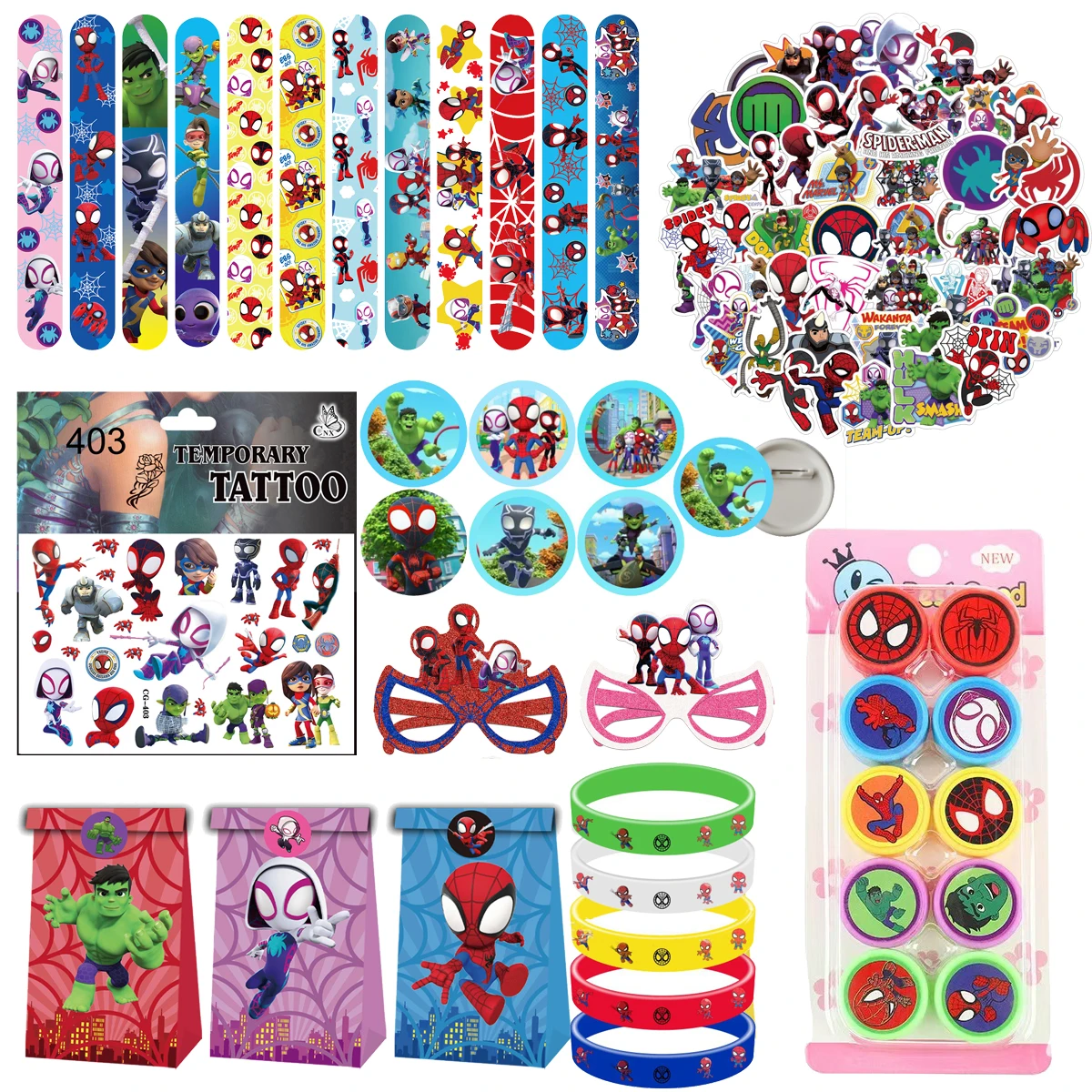 Disney Spiderman and His Amazing Friends Party Favors Stamps Slap Bracelets Stickers Badge Keychains Supplies