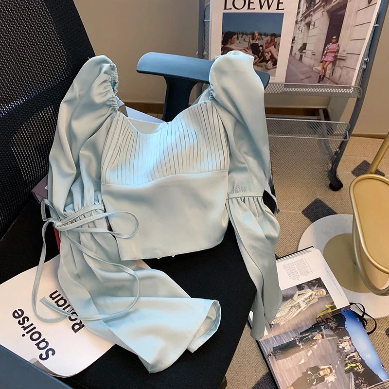 

Women 2023 Spring New French Square Collar Satin Shirts Female Long Sleeve Slim Tops Ladies Short Solid Color Blouses W185