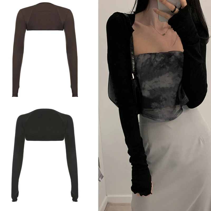 

Women Thumbhole Long Sleeve Bolero Shrug Solid Color Open Front Cropped Cardigan Top Bodycon Slim Fit Sunscreen Arm Cover Jacket