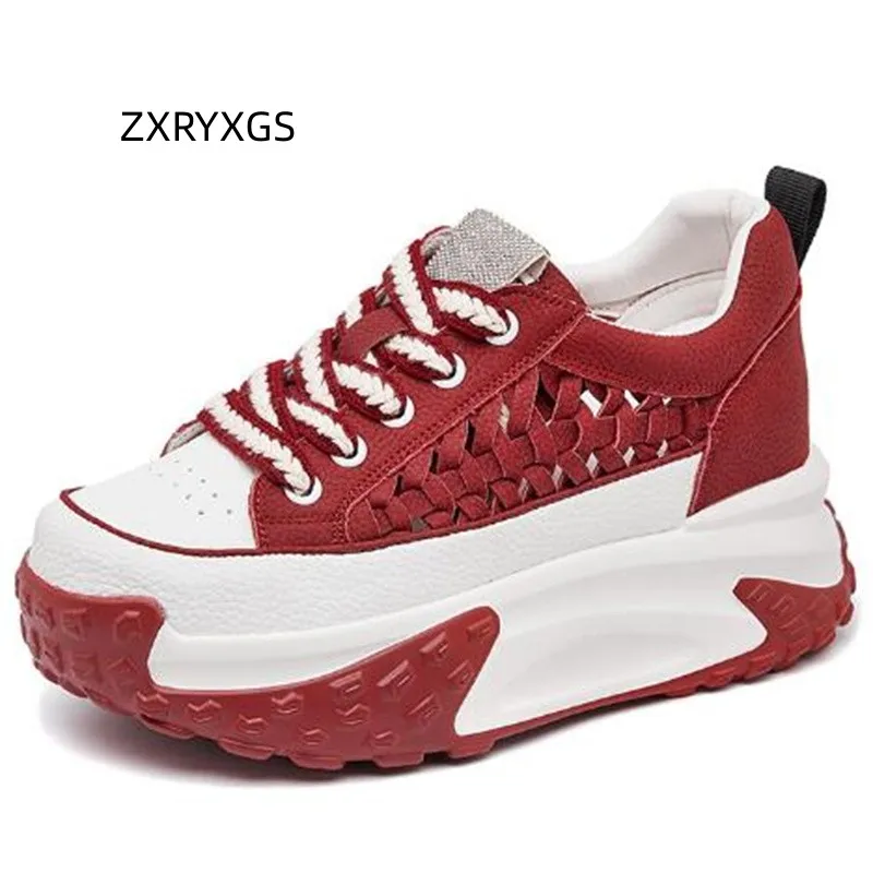 

ZXRYXGS 2023 New Women Sneakers Sandals Genuine Leather Woven Fashion Sneakers Ankle Boots Platform Within Increased Shoes Tide
