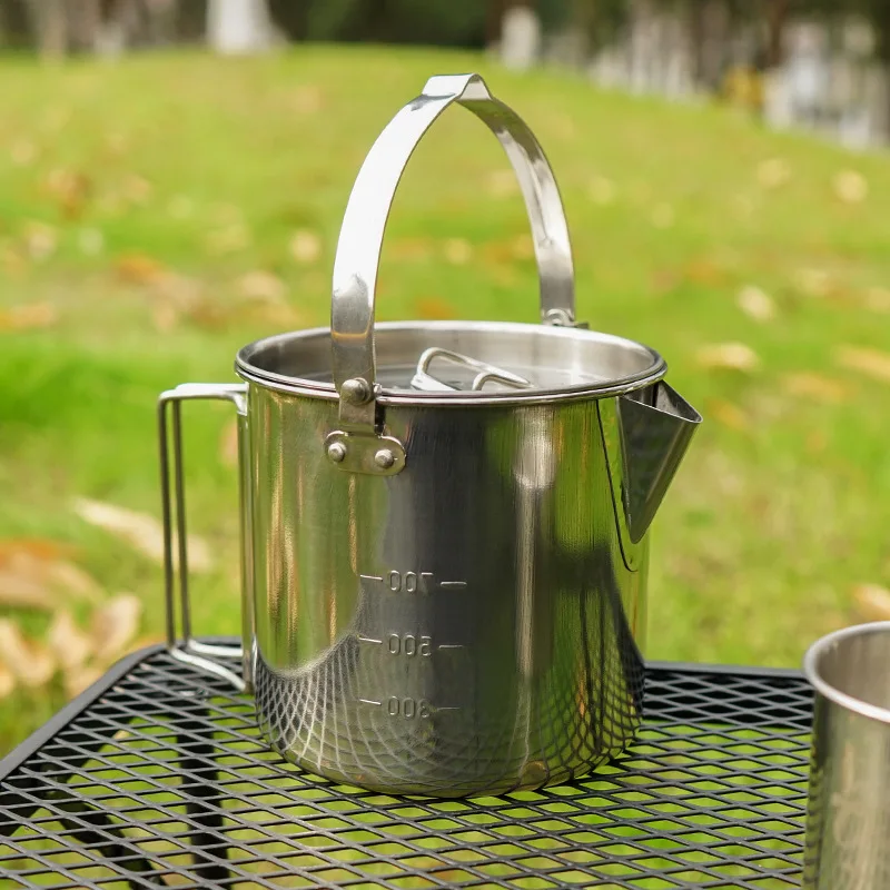 

Outdoor Stainless Steel Kettle 1.2L Mountaineering Camping Teapot Portable Hanging Pot Cooker Coffee Pot Picnic Pot Wholesale