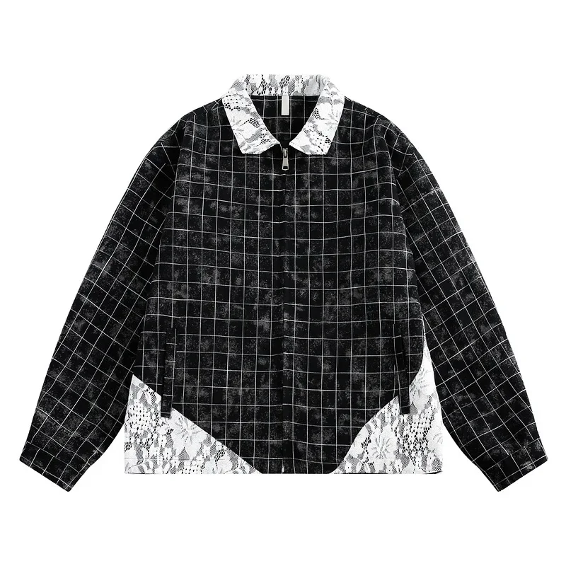 Винтажная кружевная клетчатая куртка с лацканами в американском стиле свободная